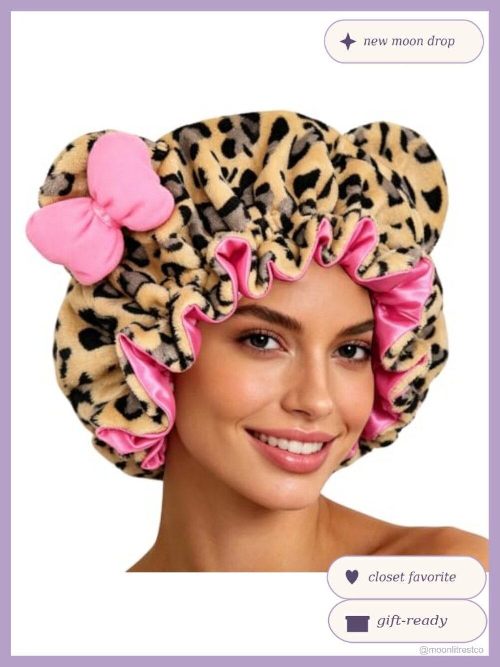 Plush Bear Ears Bow Bonnet Satin Lined Adjustable Sleep Cap, Hair Bonnet